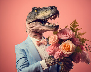 Abstract, creative portrait of a wild animal dressed up as a man with bouquet of fresh spring flowers. A dinosaur standing on two legs in pastel blue elegant suit on pink background. Illustration.