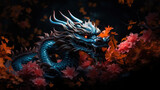 Fototapeta  - Vibrant-colored Asian dragon on black background