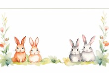 Picture Frame Of Flowers And Rabbits Painted With Watercolor On A White Background.