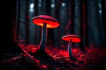 Wall Mural - Red glowing mushrooms in a dark forest with twinkling red light. Neon glowing mushrooms. AI Generative.