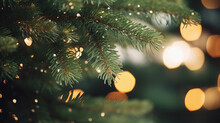 Christmas Tree Branch With Lights Bokeh Background, Vintage Toned.