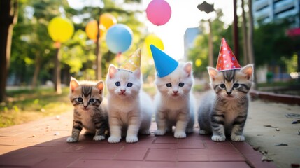 Sticker - A group of kittens wearing party hats. Generative AI.