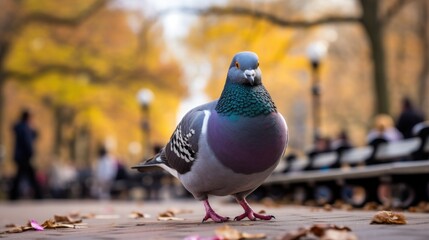 Canvas Print - A pigeon standing on the ground in a park. Generative AI.