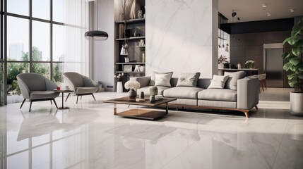 Wall Mural -  a contemporary living space featuring polished porcelain floor tiles, offering a sleek and low-maintenance flooring solution.