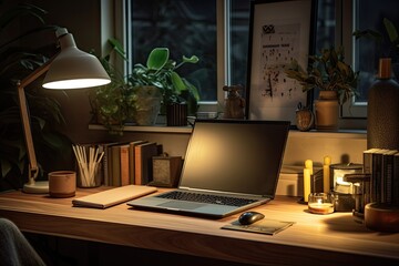 Well-organized home office desk with warm lighting, encouraging a productive and inviting workspace