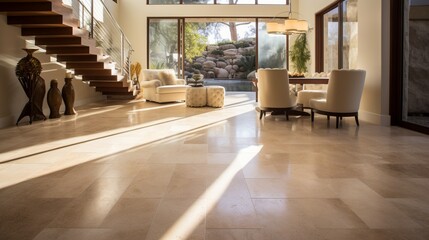 Wall Mural - a modern interior featuring polished travertine floor tiles, offering a warm and inviting ambiance with their natural color variations.
