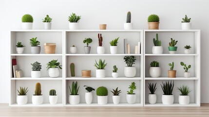 Wall Mural - A minimalist bookcase featuring an assortment of potted plants of different sizes and shapes, neatly arranged on sleek shelves against a clean white background.