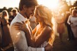 Sunset Bliss: Newlywed Couple Dancing with Joy and Laughter in the Glow of Love
