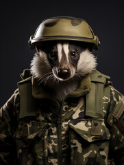 Wall Mural - An Anthropomorphic Badger Dressed Up as a Soldier in a Camo Uniform