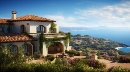 Wall Mural - A Mediterranean villa perched on a hill, with terracotta roof tiles and a panoramic view of the Mediterranean Sea.