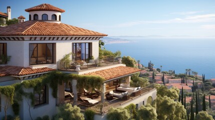 Wall Mural - A Mediterranean villa perched on a hill, with terracotta roof tiles and a panoramic view of the Mediterranean Sea.