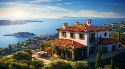 Wall Mural - A Mediterranean villa perched on a hill, with terracotta roof tiles and a panoramic view of the Mediterranean Sea.