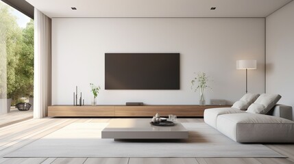 Wall Mural - A minimalist bedroom with a flat-panel TV seamlessly integrated into a white, untextured wall, creating a seamless and clutter-free look.