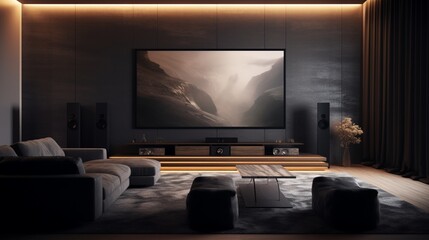 Wall Mural - A minimalist home theater with a large, ultra-thin OLED TV seamlessly integrated into a wall covered in black acoustic panels, creating a cinematic atmosphere.