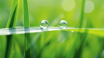 Wall Mural - A minimalist wallpaper with a close-up shot of a single dewdrop resting on a delicate blade of grass, capturing the beauty of nature's simplicity.