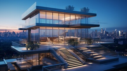 Wall Mural - A modern, floating staircase in a high-end penthouse, with sleek glass balustrades, LED-lit steps, and a polished stainless steel handrail, leading to a rooftop terrace with panoramic city views.