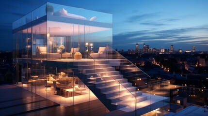 Wall Mural - A modern, floating staircase in a high-end penthouse, with sleek glass balustrades, LED-lit steps, and a polished stainless steel handrail, leading to a rooftop terrace with panoramic city views.