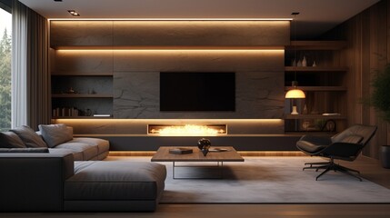 Wall Mural - A modern living room with a sleek TV wall mounted on a dark, textured accent wall, surrounded by floating shelves and soft ambient lighting.