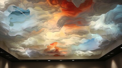 Wall Mural - An epoxy ceiling art installation that appears to pop out from above, adding depth and intrigue to a contemporary museum exhibit.