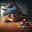 cat is chasing a mouse through a house, and they are both wearing tiny hats