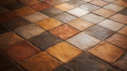 Wall Mural - A close-up of a textured terracotta tile floor, showcasing its earthy hues and unique, handcrafted patterns.