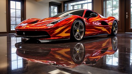Wall Mural - A glossy epoxy floor with a luxury sports car in a garage, featuring a mesmerizing, abstract, and high-gloss surface finish.