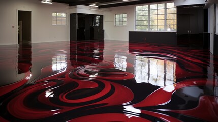 Wall Mural - A glossy epoxy floor in a garage, featuring a mesmerizing, abstract, and high-gloss surface finish.