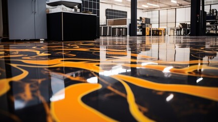 Wall Mural - A glossy epoxy floor in a garage, featuring a mesmerizing, abstract, and high-gloss surface finish.