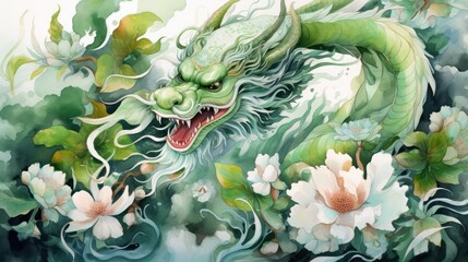 Wall Mural - A Watercolor painting for Happy Chinese New Year Powerful green dragon Scary and awe-inspiring. Chinese Watercolor painting art. Chinese New Year concept. New Year greeting card background.