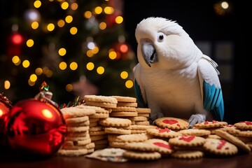 a cockatoo surrounded by christmas cookies