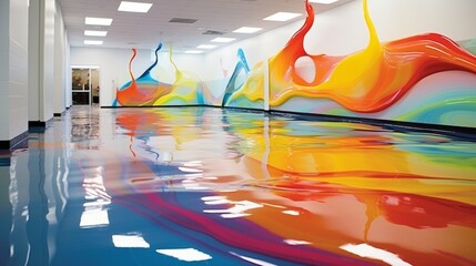 Wall Mural - A pristine, high-gloss epoxy floor reflecting the vibrant colors of a modern art installation.
