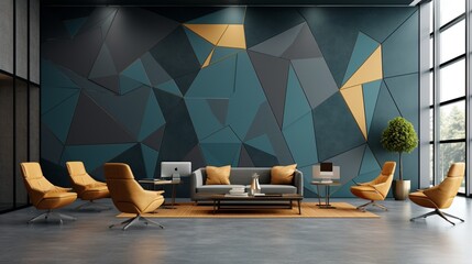 Wall Mural - A stylish office interior with gray and teal geometric textured walls.