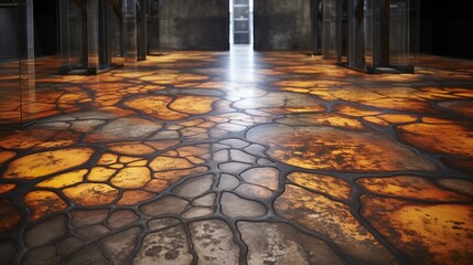 Wall Mural - A weathered and textured concrete floor with intricate acid-stained patterns, adding an industrial touch to a modern space.