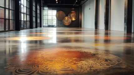 Wall Mural - A weathered and textured concrete floor with intricate acid-stained patterns, adding an industrial touch to a modern space.