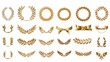 Set of golden ribbons, laurel wreaths of different shapes for winners gold podium 3d realistic luxury leadership award on transparent background, PNG file