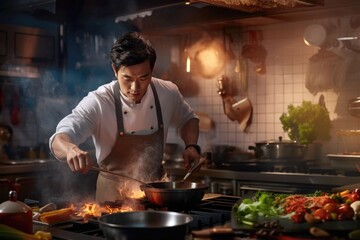 Portrait of an Asian chef preparing meals and flambéing food.