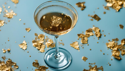 High angle of transparent glass of martini with gold flakes placed on blue counter