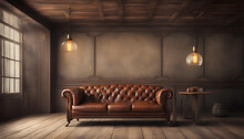 Old Vintage Interior With Leather Sofa, Wood Table And Ceiling Light.