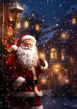 Santa Claus   On Village Street In The Night Painting, Greeting Card Design