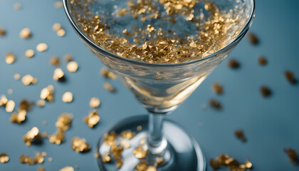 High angle of transparent glass of martini with gold flakes placed on blue counter