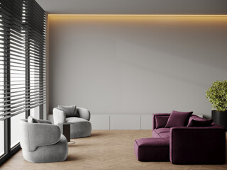 Huge modern living room with purple violet accent sofa and gray armchairs. Grey painted empty wall for gallery or art. Mockup premium interior lounge design - hall or salon hotel, office. 3d render 