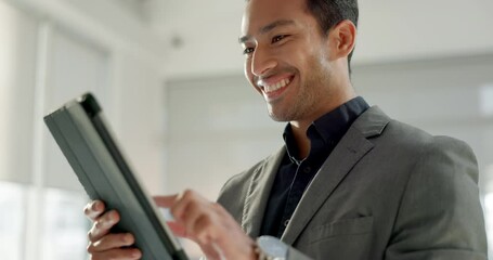 Fototapete - Business man, tablet and happy for stock market results, investment planning or reading financial report. Professional asian person or trader scroll on digital technology, trading and data analysis