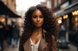 a sleek and stylish young afro black woman looking into the camera at Street of London, smooth and shiny. generative AI