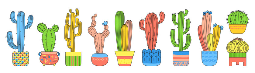 Wall Mural - Cactus in flowerpot linear cartoon set. Hand drawn exotic trendy house plants with pot collection isolated. Various mexican cacti home plants. Urban jungle decor doodle kawaii vector illustration