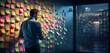 Businessman looking at a wall full of notes. Concepts, new ideas and action plan