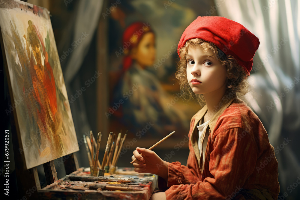 A young artist in a red beret and smock sits at an easel in a studio ...