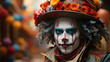 whimsical clown in colorful costume
