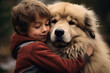 A child hugging their pet dog, illustrating the bond between children and animals, warmth and security, safety, loneliness, alone, childhood
