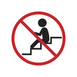 Isolated red round sign of do not sit on stairs, prohibited to sit, loiter or block of stair way, crossed out