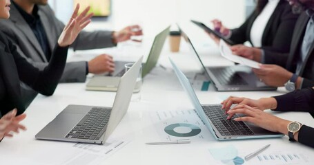 Canvas Print - Hands of business people at meeting, typing on laptop for collaboration and teamwork, paperwork or agenda. Networking, group of men and women with computer, online market research and office workshop